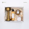 Hampers Cozy Desk Dekayu berisi tumbler stainless Luna White, notebook A5, reed diffuser, gelas jati, coaster kayu, dan bolpen bambu dalam Box Foil Forest premium.