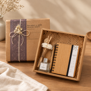 Hampers Set Arunika Kraft Dekayu dengan notebook A6 reed diffuser dan bolpen bambu